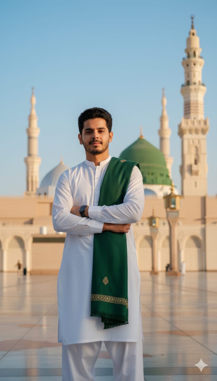 Young Man at Masjid Nabawi in Elegant Traditional Attire