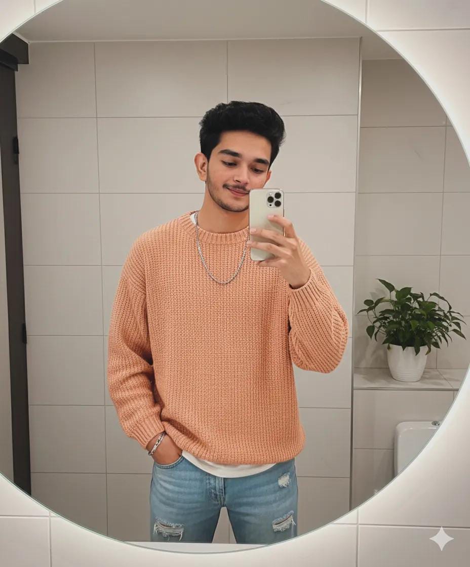 Trendy Men's Peach Sweater and Denim Casual Outfit