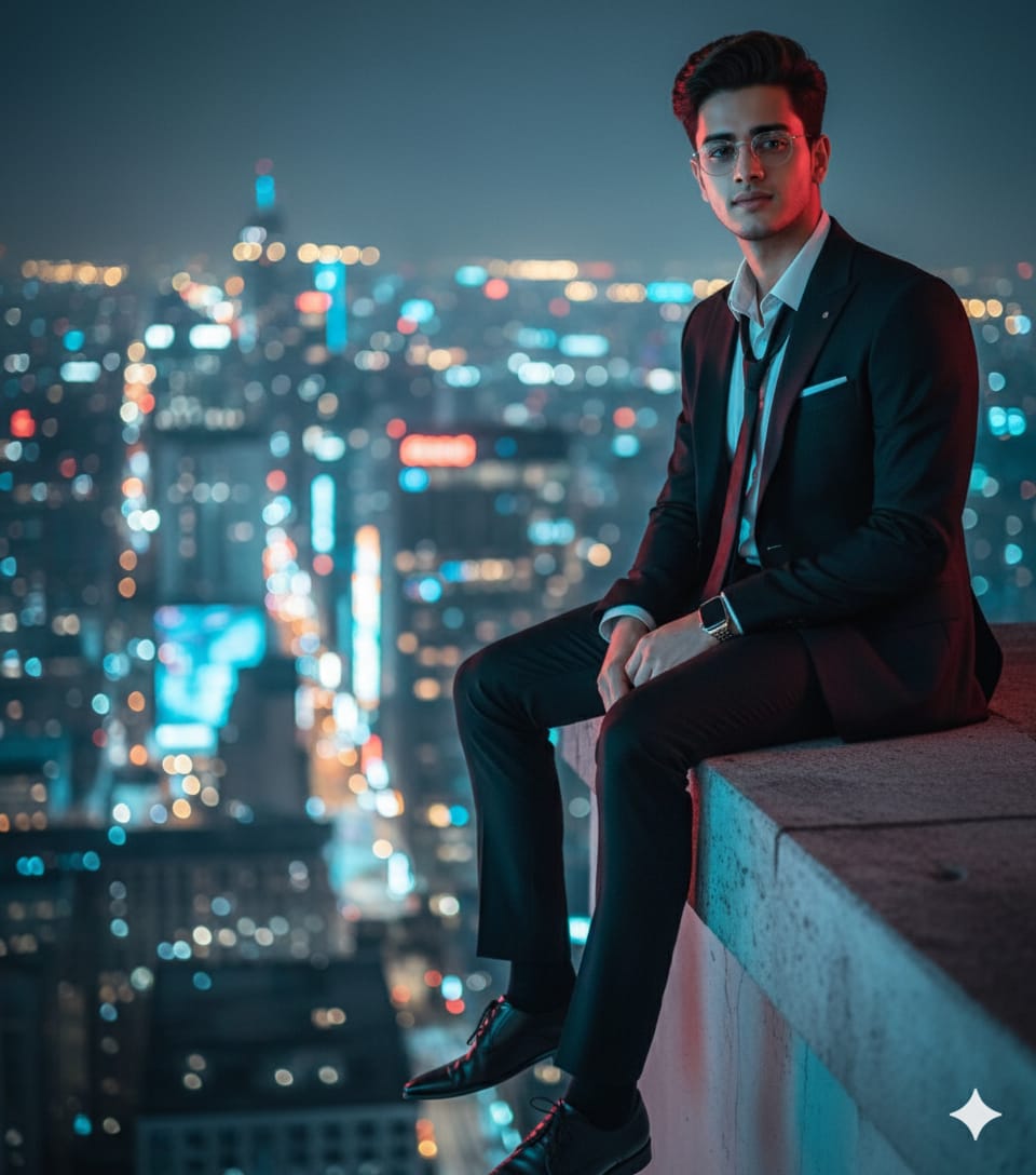 City Rooftop Elegance: Man in Suit at Night