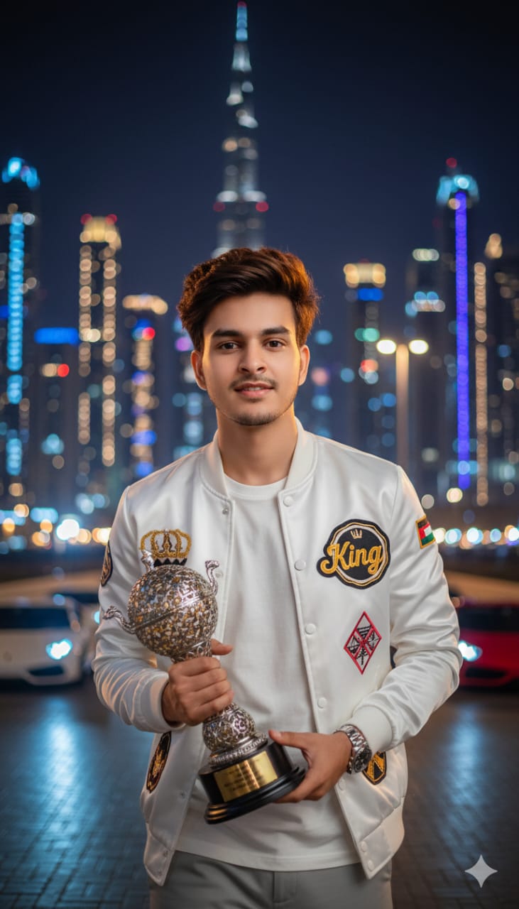 Confident Winner Holding Trophy in Dubai City Nightscape