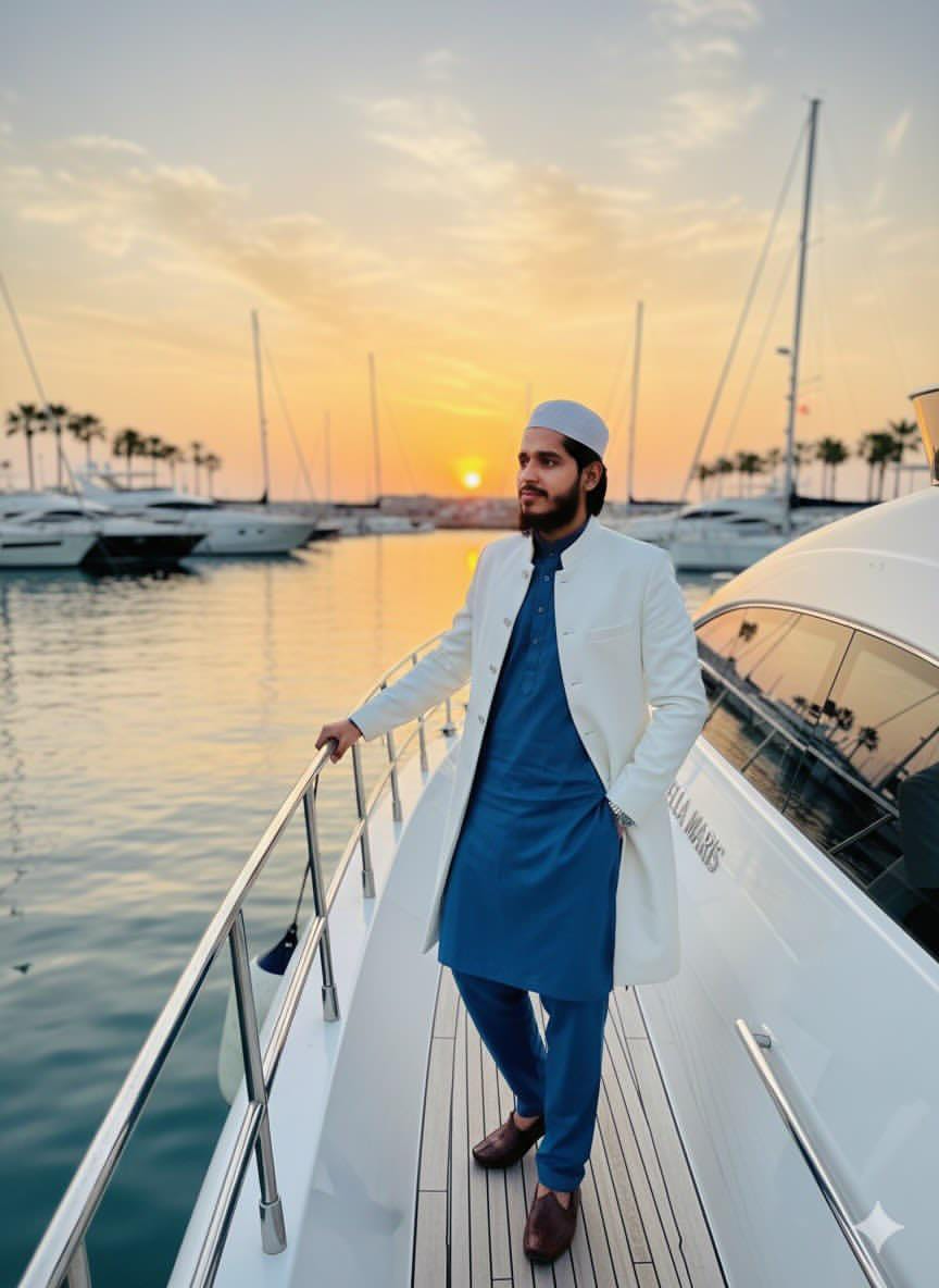 Elegant Ethnic Menswear on a Yacht at Sunset