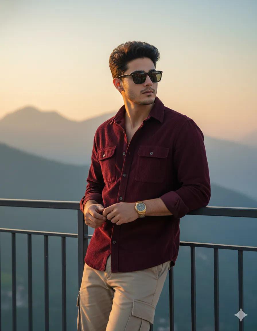 Maroon Shirt Men's Outdoor Fashion Image Prompt