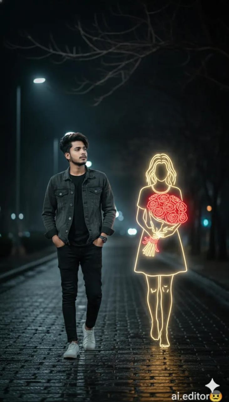 Night Street Stroll with Neon Love Art