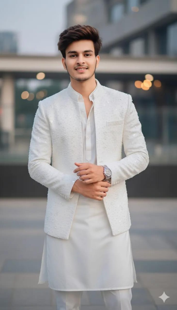 Stylish Men's White Ethnic Sherwani Suit for Weddings