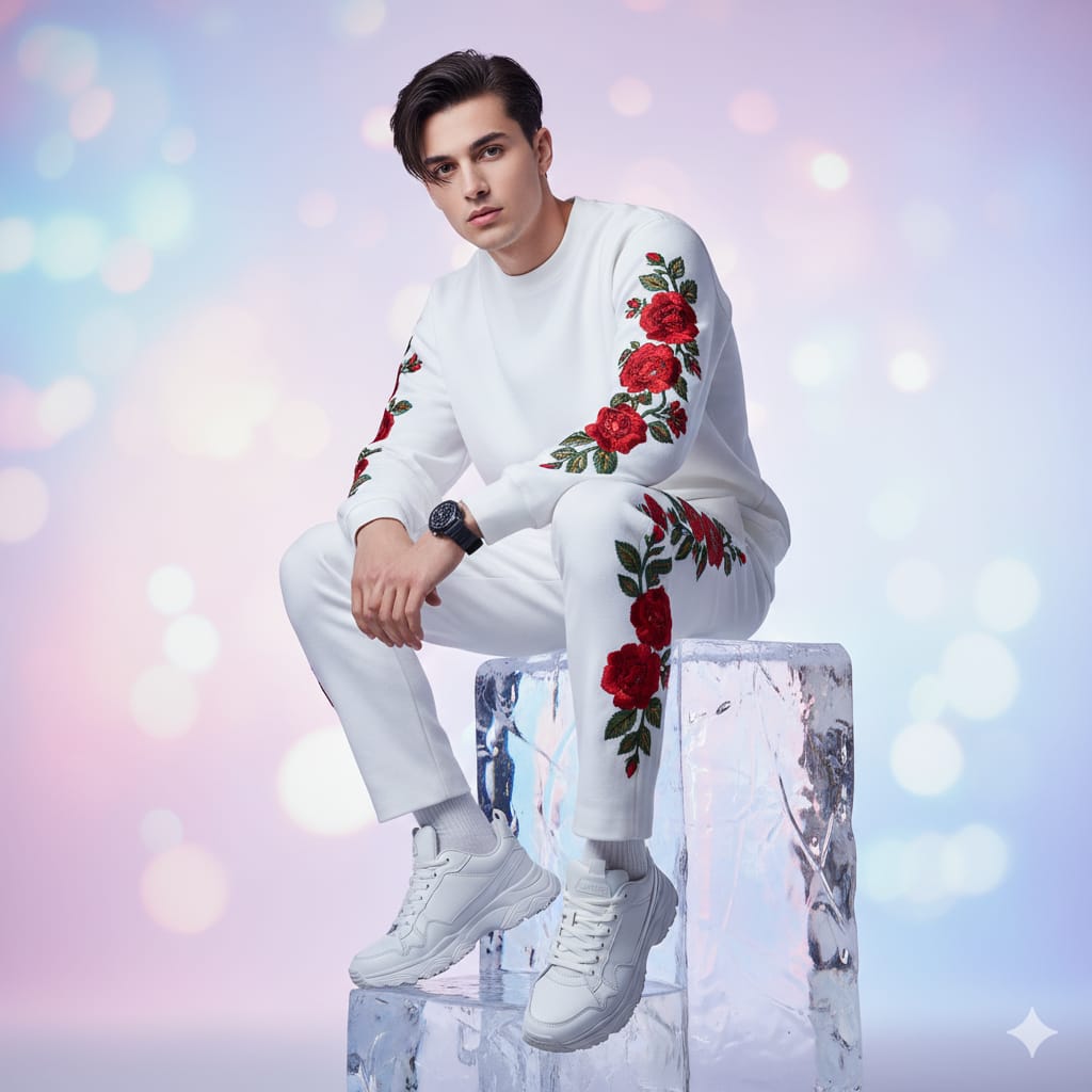 Stylish White Tracksuit with Floral Embroidery for Modern Men's Fashion