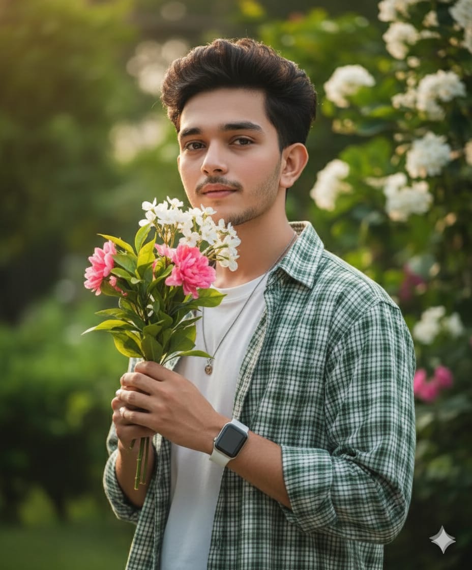 Young Man Holding Flower Bouquet Outdoor Nature Portrait Photo